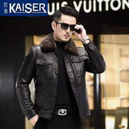 凱撒（KAISER）真皮皮衣男頭層油蠟牛皮翻領(lǐng)短款中青年休閑真皮夾克男秋冬外套男 黑色（鵝絨+毛領(lǐng)可拆卸） 170/L 適合體重110-130斤