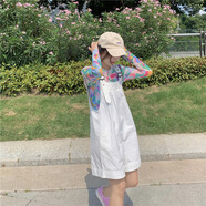 NJSKAKW工裝背帶褲短褲女夏季小個(gè)子連體褲新款韓版寬松薄款闊腿褲潮 【白色】單件背帶褲 2XL