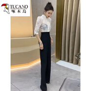 啄木鳥(niǎo)2025春季韓版氣質(zhì)修身顯瘦拼色蕾絲短袖復古盤(pán)扣連體褲減齡女 白色 S 【建議100斤內】