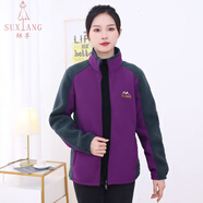 酥享50-60歲媽媽裝中老年女裝加絨加厚搖粒絨外套女秋冬保暖拉鏈開(kāi)衫 拼接款-深紫(春秋薄絨) 2XL -建議105-125斤