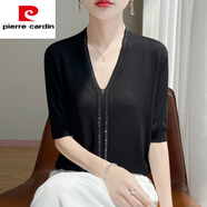 皮爾卡丹（pierre cardin）夏季V領(lǐng)短袖t恤上衣天絲軟糯涼感針織衫重工百搭好看氣質(zhì)冰絲體恤 黑色 M 80-110斤