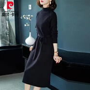 皮爾卡丹長袖打底連衣裙女2025秋冬款韓版寬松中長款過膝收腰內搭媽m媽 黑色 XL【建議110-125斤】