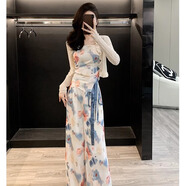 BVX新中式運動時尚套裝女夏季氣質花色吊帶水墨畫闊腿褲休閑三件套潮 花色 L【109-118斤】
