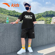 安踏男童運動(dòng)套裝夏裝冰絲速干短袖短褲兩件套T恤五分褲兒童衣服 黑T黑褲5103H 165