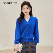 風(fēng)笛（Bagpipe）風(fēng)笛2024秋季新款藍(lán)色長(zhǎng)袖針織衫女慵懶風(fēng)開衫外搭毛衣外套上衣 寶藍(lán)色 2XL