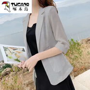 啄木鳥（TUCANO）亞麻小西裝女外套薄款2024夏大碼棉麻西服韓版防曬休閑英倫風(fēng)女 灰色 L