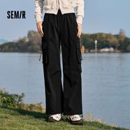 森馬（Semir）休閑褲女抽繩工裝褲甜酷冬肌理闊腿褲百搭 黑色90001 160/66A/M