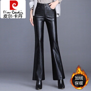皮爾卡丹（pierre cardin）皮褲女春秋微喇長(cháng)褲2026新款加絨加厚高腰顯瘦休閑九分闊腿喇叭褲 黑色 加絨款/適合158-168身 加絨 XL 29/2尺2