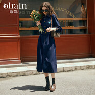 Olrain歐芮兒牛仔連衣裙女春季新款收腰刺繡減齡裙子 普魯士藍(lán) M 