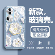 虎克船長(cháng) 適用OPPO Reno11手機殼玻璃殼reno11pro保護套鏡頭全包超薄硅膠直邊防摔磨砂創(chuàng  )意花朵輕奢女款 Reno11【遠峰藍-鳶尾淡梔】