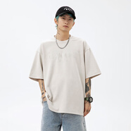 潮氪 短袖t恤男 夏季潮牌五分半袖男士衣服男圓領(lǐng)情侶裝夏天寬松潮流 米白色L1895 M 推薦100-125斤