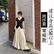 GOCHIEI2件套套裝女黑色開叉V領(lǐng)短袖T恤夏季高腰闊腿褲長裙褲休閑半身裙 黑上衣+杏色裙褲[常規(guī)款2件套] L 115-135