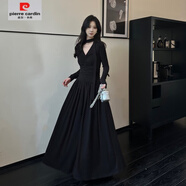 皮爾卡丹（pierre cardin）小眾設(shè)計感褶皺飄帶氣質(zhì)連衣裙女秋季修身顯瘦a字針織大擺長裙 黑色 精品純棉高彈針織料 XL 建議125-135斤