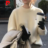 皮爾卡丹高質(zhì)感2025新款韓國軟糯溫柔圓領春秋毛衣女套頭寬松打底針織衫 米白色 M 105-120