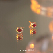 樸里18K金紅寶石耳釘女黃金復古鴿血紅耳環(huán)耳飾純銀鉆石方形精致小巧 長(cháng)方鴿血紅寶石耳釘