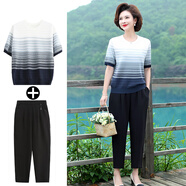 啄木鳥(niǎo)媽媽夏裝洋氣冰絲上衣服中年女裝短袖T恤2024新款中老年大碼套裝 藍色套裝(上衣+束腳褲子) 4XL (推薦135-150斤)
