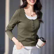 蜜莎蜜拉（Mirza Mirror）撞色假兩件長(cháng)袖t恤女2025年秋季新款圓領(lǐng)拼接紐扣內搭上衣打底衫 軍綠色 XL