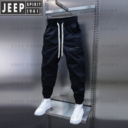 吉普（JEEP）高檔夏季薄款休閑褲潮流新款純色拼條速干束腳褲松緊腰修身小腳褲 黑色 33 建議150-160斤