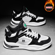 俠路男鞋秋季高幫休閑運動(dòng)鞋時(shí)尚潮流板鞋籃球鞋冬天加絨保暖二棉鞋子 白黑 40