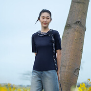 生活在左【林棲作品】時(shí)裝周同款女裝新款圓領(lǐng)針織拼短袖t恤修身短款上衣 藏青藍 S
