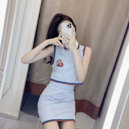 SSCURVE夜店性感女裝套裝女夏季時(shí)尚無(wú)袖短款上衣顯瘦減齡包臀短裙兩件套 藍色兩件套 L