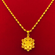 越南沙金項鏈女24k純金色正品仿真鎖骨鏈999久不掉色鍍金吊墜首飾 水波鏈+大花（送戒指耳釘）