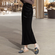 絲柏舍金絲絨半身裙2025秋裝新款女裝高腰包臀過(guò)膝開(kāi)叉長(cháng)裙