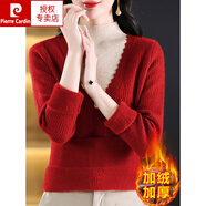 皮爾卡丹（pierre cardin）假兩件針織加絨毛衣女秋冬洋氣一體絨內(nèi)搭媽媽半高領(lǐng)一體絨打底衫 215加絨紅色 XL