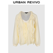 UR2025秋季新款女裝優(yōu)雅荷葉邊系帶V領(lǐng)長(cháng)袖罩衫襯衫UWH250149