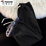 啄木鳥(niǎo)（TUCANO）加絨加厚牛仔褲女秋冬季新款松緊腰抽繩寬松復古保暖直筒闊腿褲子 黑色 加絨 S 80-90斤
