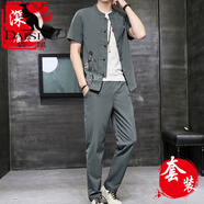 袋鼠（DAISHU）【高端輕奢】中國風男裝佛系復古短袖T恤v夏季潮牌薄款套裝男夏天 唐太宗款-三件套-深灰【上衣+褲子+內(nèi)搭】 L