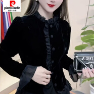 皮爾卡丹（pierre cardin）【好評率超99%同款】網(wǎng)紅春秋新款T恤短款洋氣減齡金絲絨歐貨百搭 黑色 S 建議80斤以下