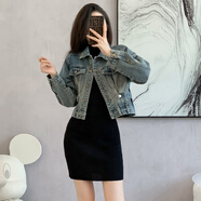 妹丫歐貨2026春秋季新款牛仔長(cháng)袖外套女士修身系扣設計收腰夾克上衣 復古藍色 M