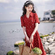 憶靜萱（YIJINGXUAN）2025新款法式收腰感氣質(zhì)紅色茶歇連衣裙女夏港味復(fù)古chic裙子 酒紅色 有暗扣 4XL 180-200