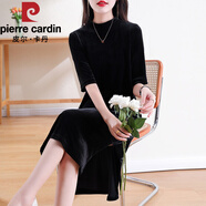 皮爾卡丹（pierre cardin）2025秋裝新款絲絨中袖連衣裙直筒裙氣質(zhì)金絲絨裙復古開叉裙打底裙 黑色 M 建議96-105斤