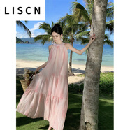 LISCN2025法式度假風(fēng)綁帶掛脖無(wú)袖寬松長(zhǎng)款A(yù)字粉色扎染背心氣質(zhì)連衣裙 粉色 S