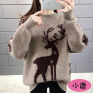 ZHZP女士毛衣春秋款2024高端時尚品牌小鹿圣誕加絨加厚寬松外穿冬新半 駝色 3XL