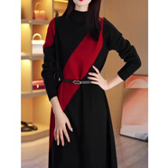 記述高級感撞色加厚針織連衣裙女士秋冬新款時(shí)尚寬松顯瘦中長(cháng)款毛衣裙 紅色 #M(建議85-105斤)