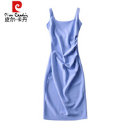 皮爾卡丹（pierre cardin）純色方領(lǐng)褶皺收腰包臀連衣裙女高腰顯瘦無(wú)袖吊帶裙性感辣妹短裙 長(cháng)款豆蔻藍 L