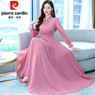 皮爾卡丹（pierre cardin）連衣裙 春夏收腰顯瘦氣質(zhì)雪紡大擺裙純色裙仙女裙針織 粉色 M