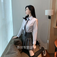 韋戒學(xué)院風(fēng)女裝套裝英倫風(fēng)秋冬學(xué)生兩件套日系JK制服西裝三件套外套短 襯衫+灰百褶裙+灰格長(cháng)領(lǐng)帶 L  (建議105-110斤)