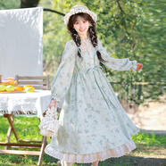 森女部落法式蕾絲花邊碎花長袖連衣裙女2025春季新款女裝 藍色（單件） 單件 S