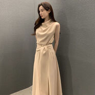 詩威琪韓系chic夏季法式優(yōu)雅堆堆領(lǐng)綁帶收腰顯瘦無袖背心連衣裙中長裙女 杏色 M