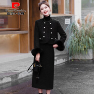 皮爾卡丹喜婆婆婚宴裝毛呢套裝連衣裙女秋冬2025年新款加絨加厚兩件套套裝 黑色 M