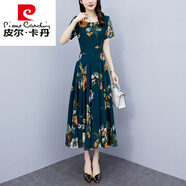 皮爾卡丹中年母親女裝夏季雪紡連衣裙2024新款夏裝洋氣40歲50顯瘦氣質(zhì)裙子 7141墨綠色 4XL (146-156斤)