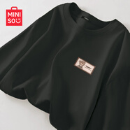 名創(chuàng)優(yōu)品（MINISO）短袖2025新款女夏季胖mm大碼顯瘦寬松女裝純棉半袖夏天正肩女t恤 黑色(嗨皮熊仔胸標(biāo)) L 165 (顯瘦 遮肚子)