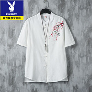 花花公子（PLAYBOY）夏季中國棉麻中式休閑短袖男裝衣服唐裝襯衫國風(fēng)薄款 中式印花11-梅枝鳥-白色 M 【建議90-110斤】