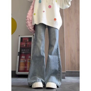 燦圖美式高街微喇牛仔褲女秋冬季大碼胖mm高腰顯瘦彈力闊腿喇叭長(cháng)褲子 淺藍色 M