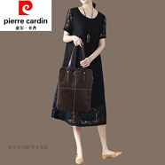 皮爾卡丹（pierre cardin）2024春季新款胖媽咪裙子女士春秋寬松顯瘦白色蕾絲連衣裙夏優(yōu)雅簡 黑色(短袖) 3XL 約170-190斤