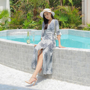 DI D.VF秋季新灰白色漸變幾何圖案印花無(wú)領(lǐng)七分袖系帶長(cháng)裙氣質(zhì)溫 幾何漸變長(cháng)裙 S